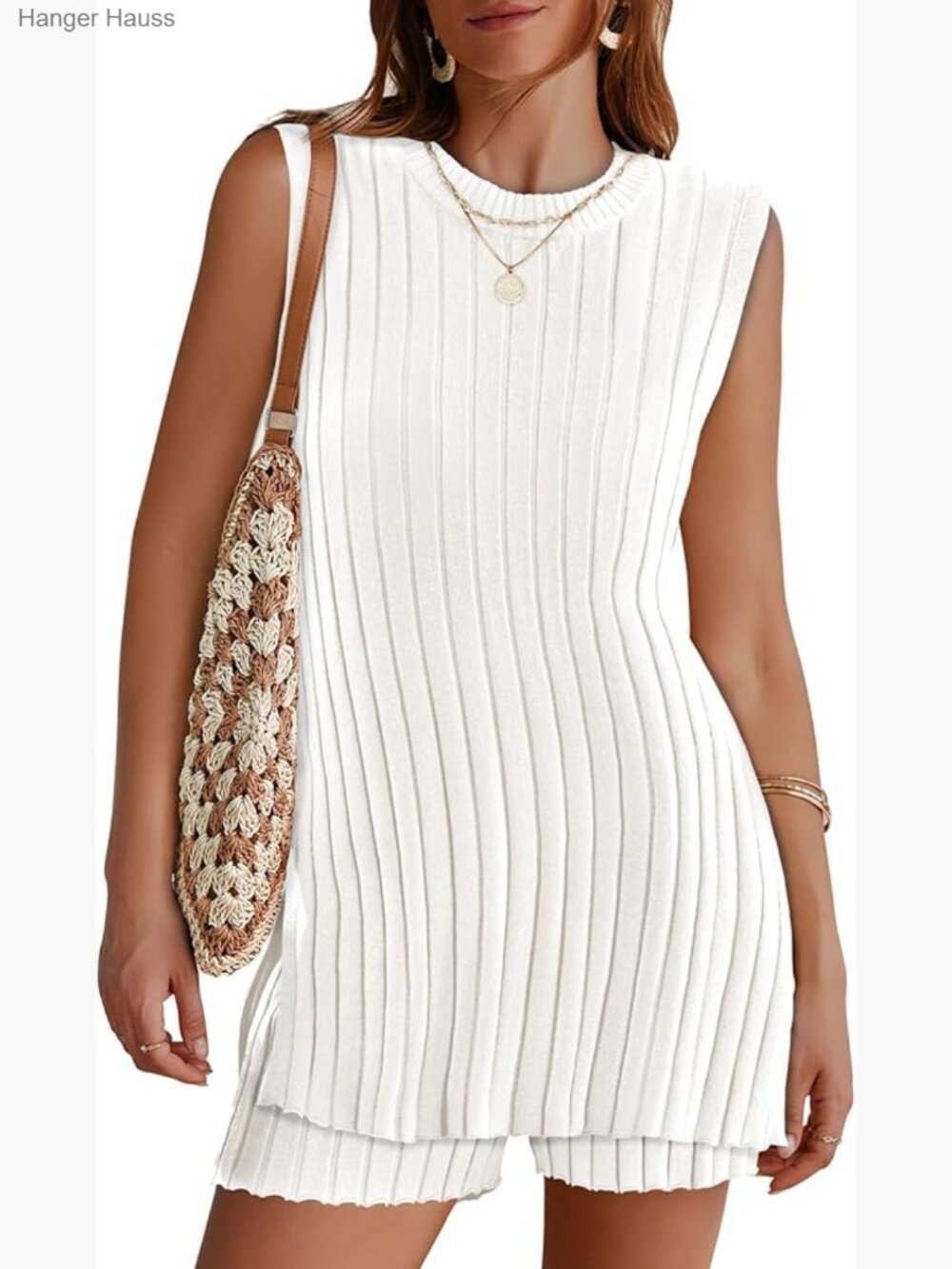Sleeveless Ribbed Knit Tunic Top & Shorts Set Lounge Vacation